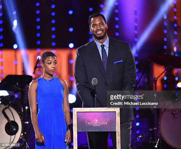 Samira Wiley and Former NBA player Jason Collins speak onstage at Logo's "Trailblazer Honors" 2015 at the Cathedral of St. John the Divine on June...