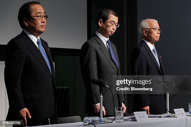 Shigehisa Takada, chairman and president of Takata Corp., center, Hiroshi Shimizu, executive vice president, left, and Yoichiro Nomura, chief...