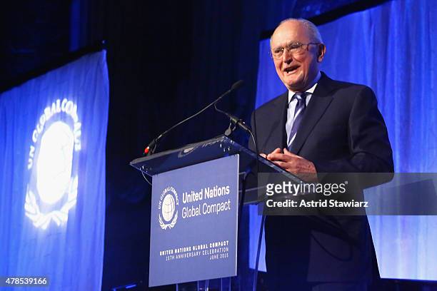 John Ruggie speaks onstage during the United Nations Global Compact 15TH Anniversary Celebration at Cipriani 42nd Street on June 25, 2015 in New York...