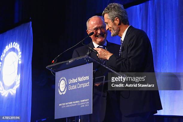 John Ruggie and Executive Director, UN Global Compact Georg Kell speaks onstage during the United Nations Global Compact 15TH Anniversary Celebration...