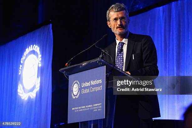 Executive Director, UN Global Compact Georg Kell speaks onstage during the United Nations Global Compact 15TH Anniversary Celebration at Cipriani...