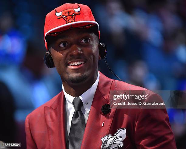 Bobby Portis the 22nd pick overall in the 2015 NBA Draft by the Chicago Bulls speaks to the media during the 2015 NBA Draft at the Barclays Center on...