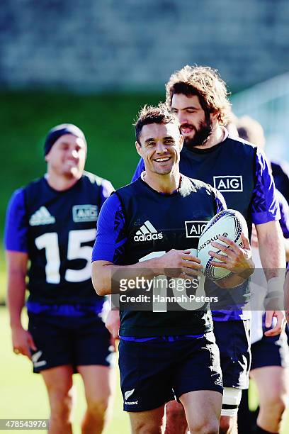 Daniel Carter of the All Blacks runs through drills during a New Zealand All Blacks training session on June 26, 2015 in Auckland, New Zealand.
