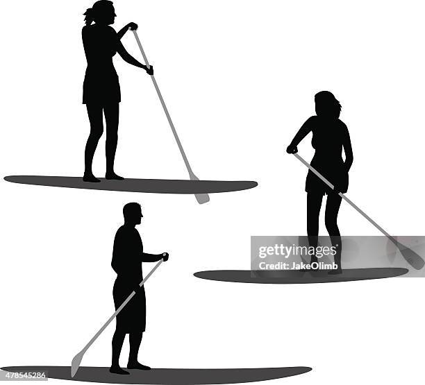 ilustrações, clipart, desenhos animados e ícones de silhuetas paddle boarding - remo parte de navio