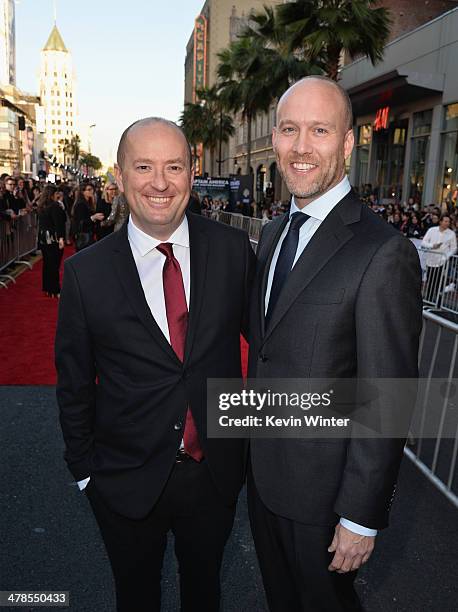Screenwriters Christopher Markus and Stephen McFeely attend the premiere of Marvel's "Captain America: The Winter Soldier" at the El Capitan Theatre...