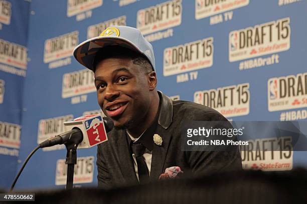 Emmanuel Mudiay, the seventh overall pick of the NBA Draft by the Denver Nuggets, speaks at a press conference during the 2015 NBA Draft on June 25,...