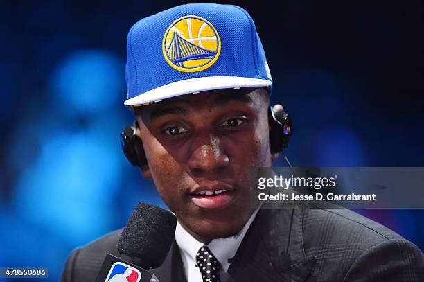 Kevin Looney the 30th pick overall in the NBA Draft by the Golden State Warriors speaks to the media during the 2015 NBA Draft at the Barclays Center...