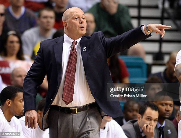 Head coach Herb Sendek of the Arizona State Sun Devils gestures to his players during a quarterfinal game of the Pac-12 Basketball Tournament against...