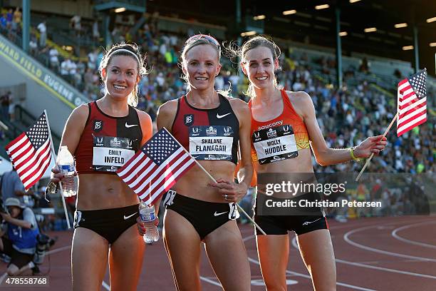 Emily Infeld , Shalane Flanagan and Molly Huddle pose together after winning in the Women's 10,000 meter run during day one of the 2015 USA Outdoor...