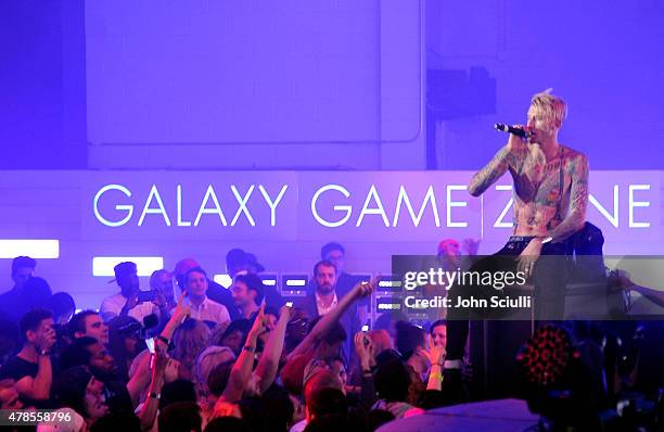 Rapper Machine Gun Kelly gives an intimate performance for fans at the Machine Gun Kelly Album Listening Party at the Samsung Studio LA across from...