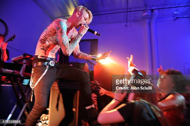 Rapper Machine Gun Kelly gives an intimate performance for fans at the Machine Gun Kelly Album Listening Party at the Samsung Studio LA across from...
