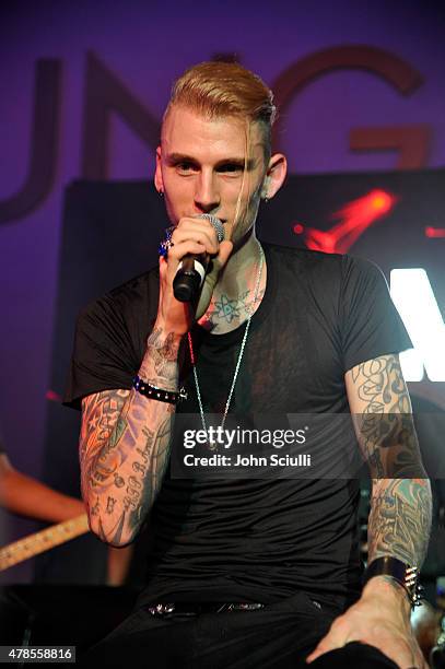 Rapper Machine Gun Kelly gives an intimate performance for fans at the Machine Gun Kelly Album Listening Party at the Samsung Studio LA across from...