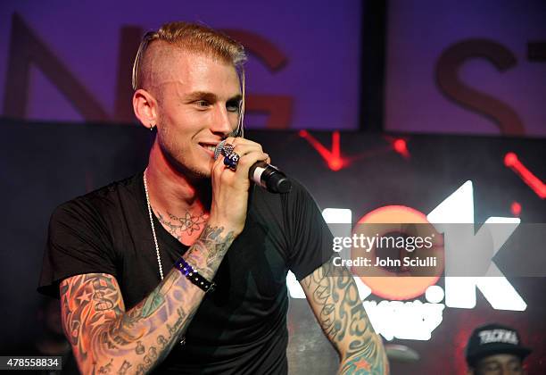 Rapper Machine Gun Kelly gives an intimate performance for fans at the Machine Gun Kelly Album Listening Party at the Samsung Studio LA across from...