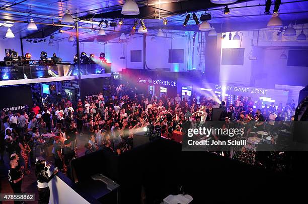 Rapper Machine Gun Kelly gives an intimate performance for fans at the Machine Gun Kelly Album Listening Party at the Samsung Studio LA across from...