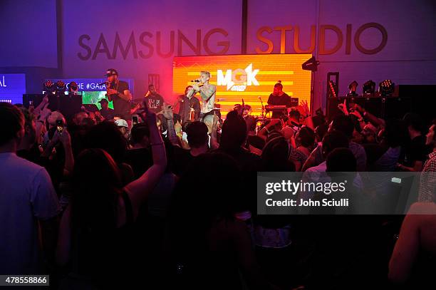 Rapper Machine Gun Kelly gives an intimate performance for fans at the Machine Gun Kelly Album Listening Party at the Samsung Studio LA across from...