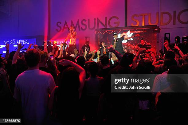 Rapper Machine Gun Kelly gives an intimate performance for fans at the Machine Gun Kelly Album Listening Party at the Samsung Studio LA across from...