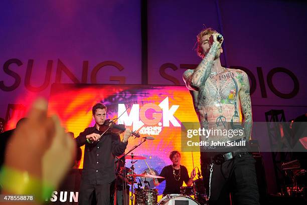 Rapper Machine Gun Kelly gives an intimate performance for fans at the Machine Gun Kelly Album Listening Party at the Samsung Studio LA across from...