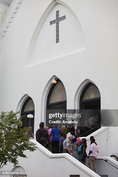 Family of Reverend Clementa Pinckney enter Emanuel African Methodist Episcopal Church, a historic black church, for a viewing of his body in...
