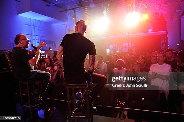 Rapper Machine Gun Kelly gives an intimate performance for fans at the Machine Gun Kelly Album Listening Party at the Samsung Studio LA across from...