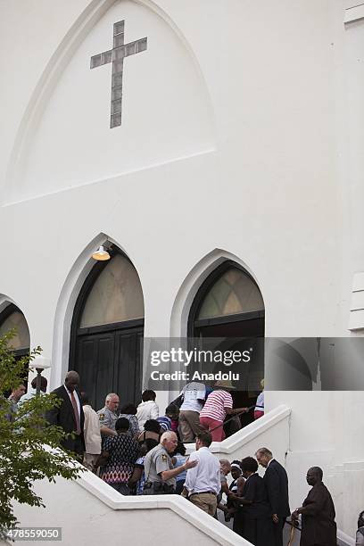 Mourners enter Emanuel African Methodist Episcopal Church, a historic black church, for a viewing of Reverend Clementa Pinckney in Charleston, USA on...