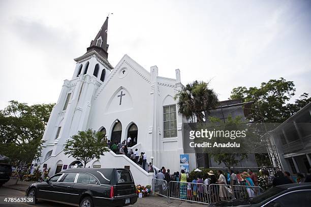 Mourners enter Emanuel African Methodist Episcopal Church, a historic black church, for a viewing of Reverend Clementa Pinckney in Charleston, USA on...