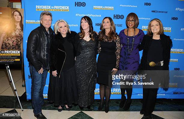 Jon Bon Jovi,Sheila Nevins,Katrina Gilbert,Maria Shriver,Gayle King and Gloria Steinem attend "Paycheck To Paycheck: The Life And Times Of Katrina...