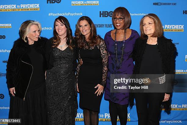 Sheila Nevins, Katrina Gilbert, Maria Shriver, Gayle King, and Gloria Steinem attend the "Paycheck To Paycheck: The Life And Times Of Katrina...