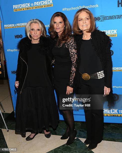 Sheila Nevins, Maria Shriver, and Gloria Steinem attend the "Paycheck To Paycheck: The Life And Times Of Katrina Gilbert" premiere at HBO Theater on...