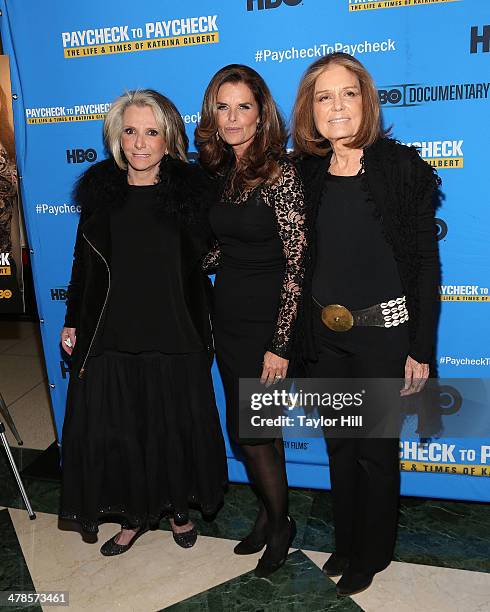 Sheila Nevins, Maria Shriver, and Gloria Steinem attend the "Paycheck To Paycheck: The Life And Times Of Katrina Gilbert" premiere at HBO Theater on...