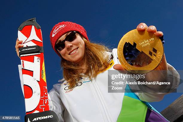 Olympic gold medallist Mikaela Shiffrin of the USA during a photo shoot with the US Ski Team Olympic alpine ski medalists on March 13, 2014 in...