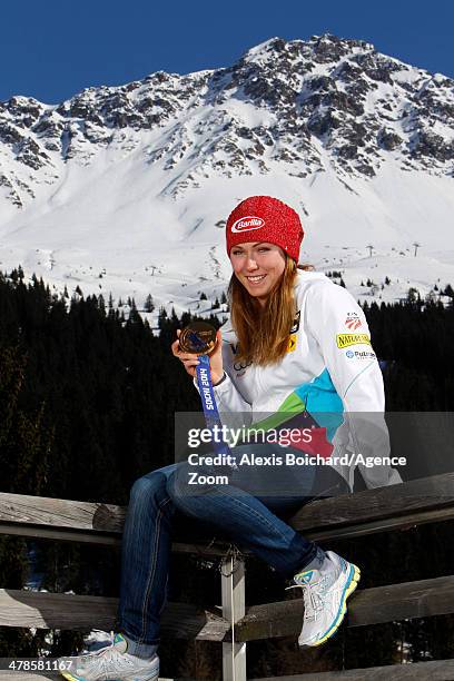 Olympic gold medallist Mikaela Shiffrin of the USA during a photo shoot with the US Ski Team Olympic alpine ski medalists on March 13, 2014 in...