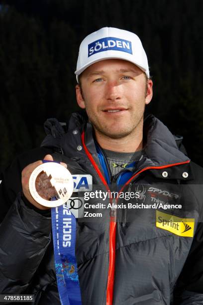 Olympic bronze medallist Bode Miller of the USA during a photo shoot with the US Ski Team Olympic alpine ski medalists on March 13, 2014 in...