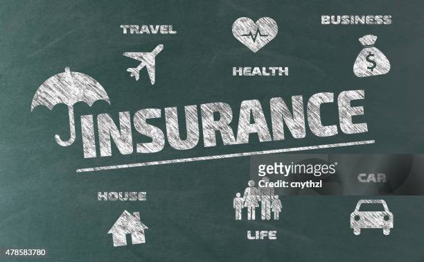insurance concept with icons on blackboard - candid stock illustrations