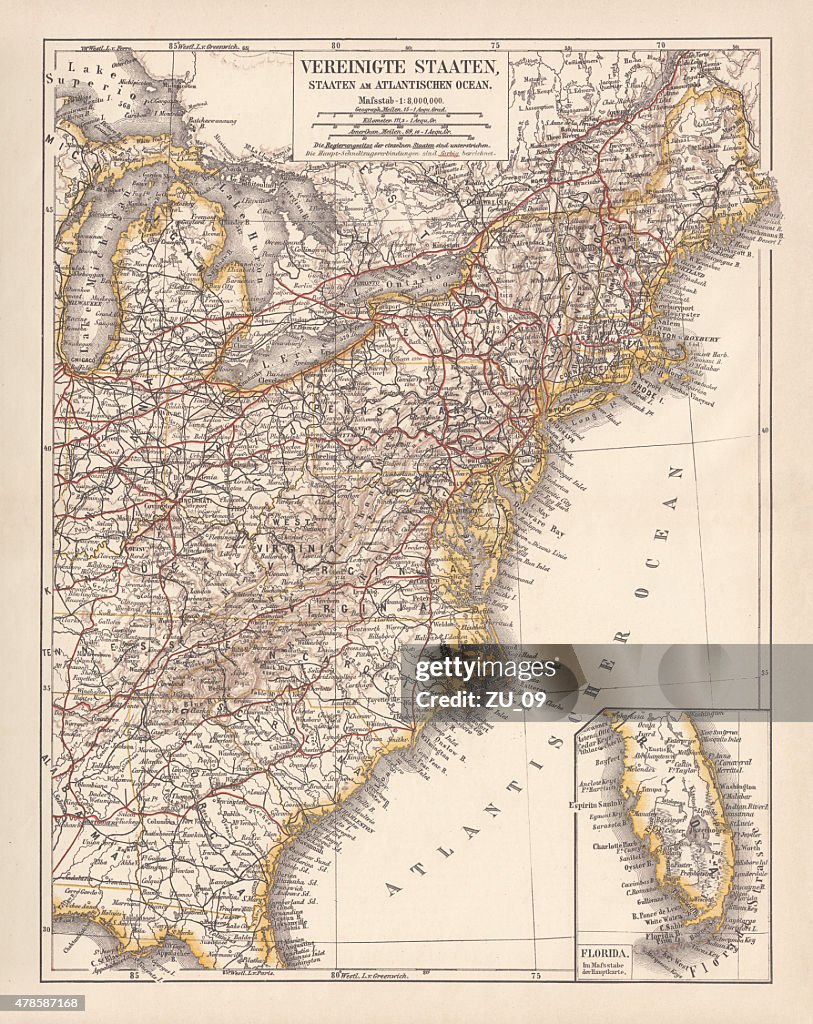 United States of America, Atlantic coast, lithograph, published in 1878