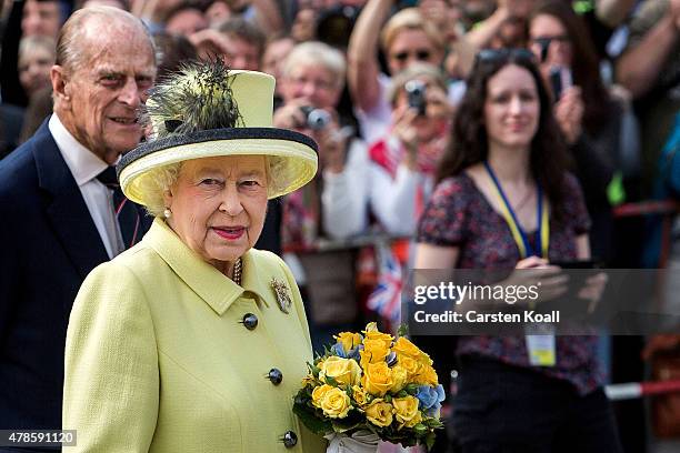 Queen Elizabeth II and Prince Philip, Duke of Edinburgh visit the Brandenburg Gate on the final day of a four day state visit to Germany on June 26,...