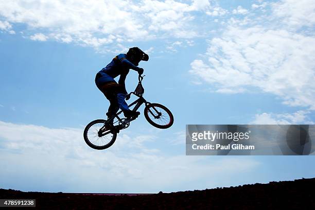 Elke Vanhoof of Belgium competes in the Women's BMX Time Trial qualifying during day fourteen of the Baku 2015 European Games at the BMX Velopark on...
