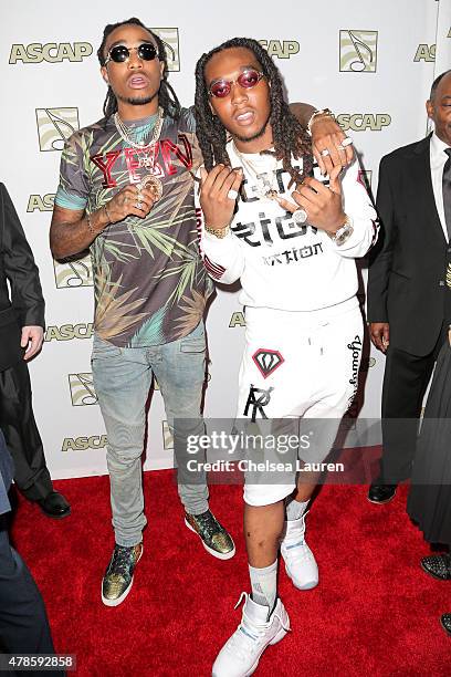 Rappers Takeoff and Quavo of Migos arrive at the 28th annual ASCAP rhythm and sould music awards at The Beverly Hilton hotel on June 25, 2015 in...