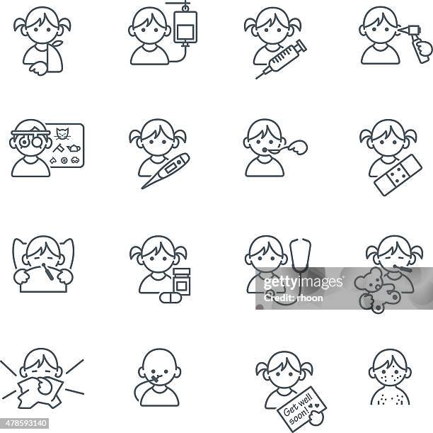 ilustrações de stock, clip art, desenhos animados e ícones de enjoado crianças ícones médicos em linhas finas - espirrar