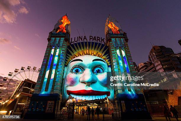 Sydney's iconic Luna Park face is transformed to mark the release of TERMINATOR GENISYS using illumination and special lighting effects on June 26,...
