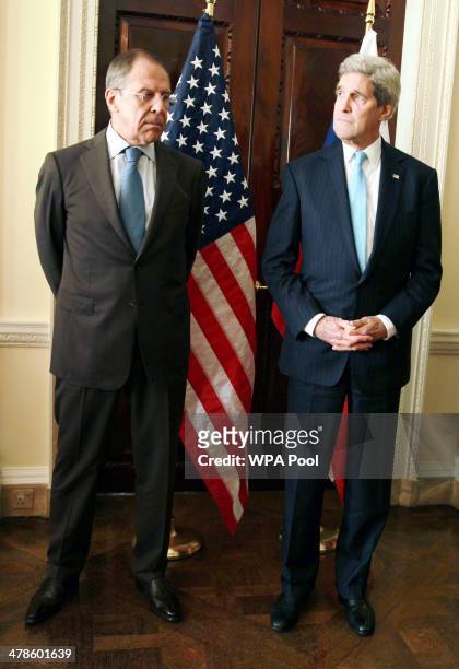 Secretary of State John Kerry meets with the Russian foreign minister Sergey Lavrov at the US Ambassadors Residence for talks on the current...