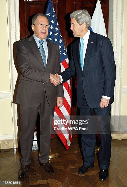 Secretary of State John Kerry meets with the Russian foreign minister Sergey Lavrov at the US Ambassadors Residence for talks on the current...