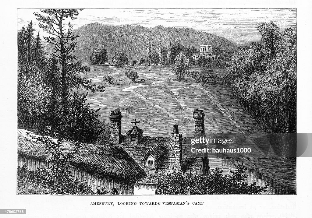Vespasian’s Camp Monastery in Amesbury, England Engraving