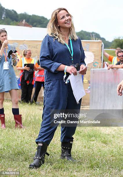 Charlotte Church introduces Pussy Riot at the Glastonbury Festival at Worthy Farm, Pilton on June 26, 2015 in Glastonbury, England.