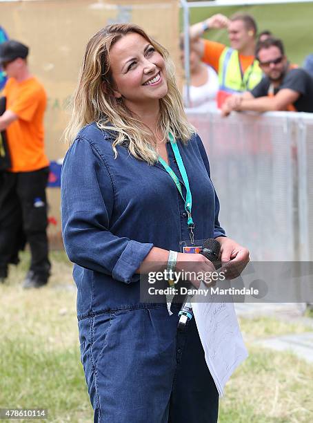 Charlotte Church introduces Pussy Riot at the Glastonbury Festival at Worthy Farm, Pilton on June 26, 2015 in Glastonbury, England.