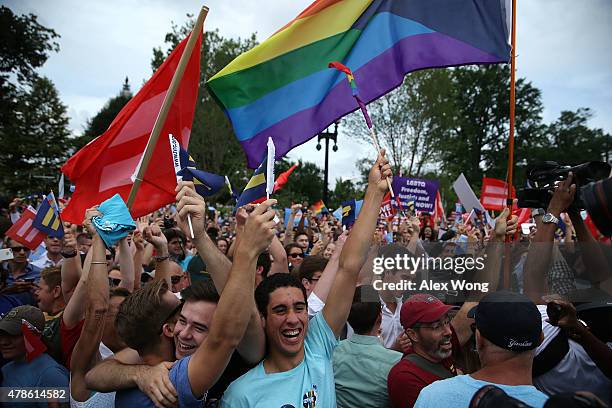 Same-sex marriage supporters rejoice after the U.S Supreme Court hands down a ruling regarding same-sex marriage June 26, 2015 outside the Supreme...