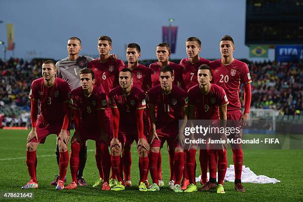 The team of Serbia pose for a team photograph during the FIFA U-20 World Cup Final match between Brazil and Serbia at North Harbour Stadium on June...