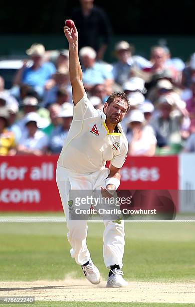 Australia's Ryan Harris bowls during day two of the tour match between Kent and Australia at The Spitfire Ground, St Lawrence on June 26, 2015 in...