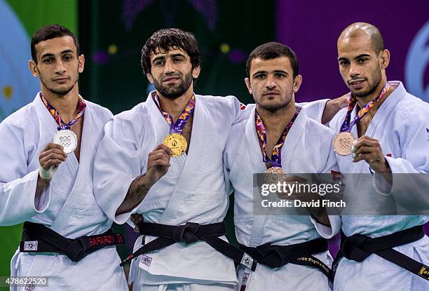 Under 60kg medallists Orkhan Safarov of Azerbaijan , Beslan Mudranov of Russia , Amiran Papinashvili of Georgia and Ludovic Chammartin of Switzerland...