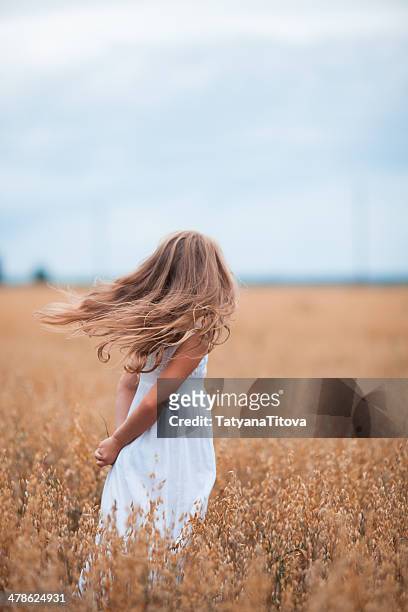little beautiful girl on a ripe field of oats - avena stock pictures, royalty-free photos & images