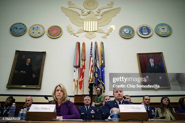 Air Force Secretary Deborah Lee James and Air Force Chief of Staff Gen. Mark Welsh III testify before the House Armed Services Committee during a...